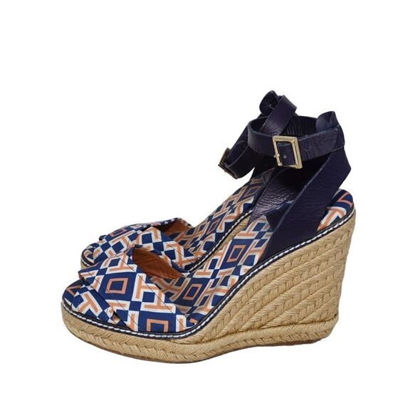 Tory Burch Criss Cross Blue and Orange Espadrille Wedges, Size 8 - Picture 10 of 11